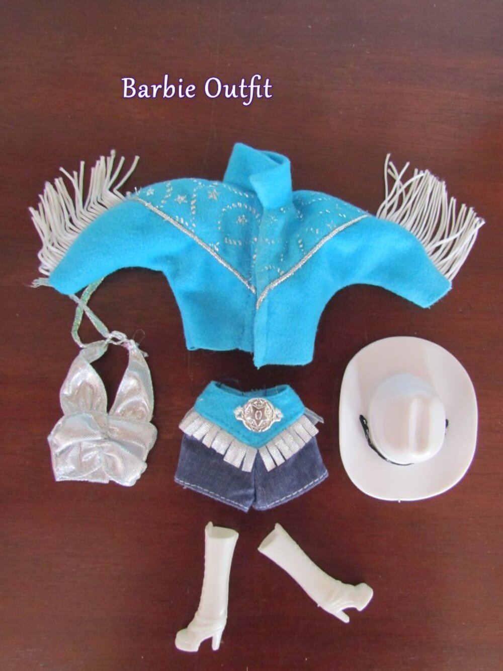 BARBIE OUTFIT, WESTERN RANCH: FRINGE JACKET & SHORTS, COWGIRL HAT, BOOTS, TOP